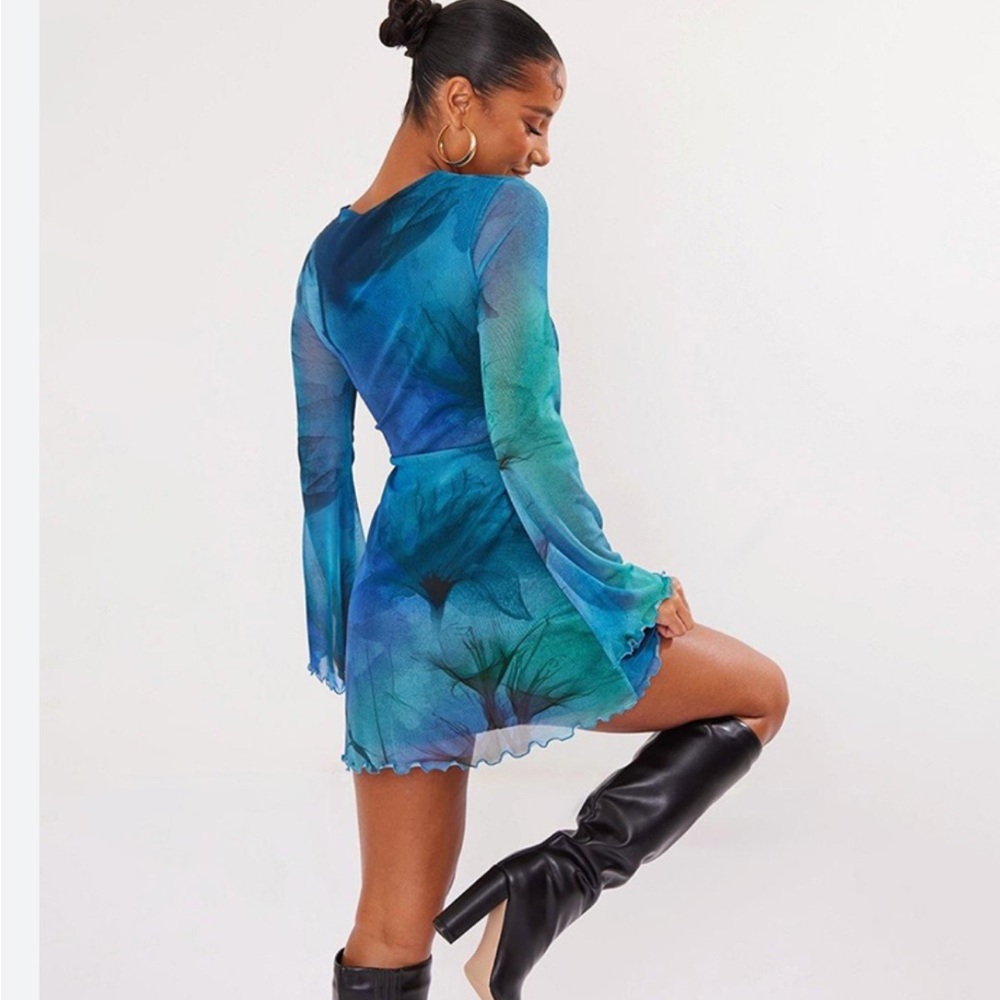 Blue and teal tie dye mini dress